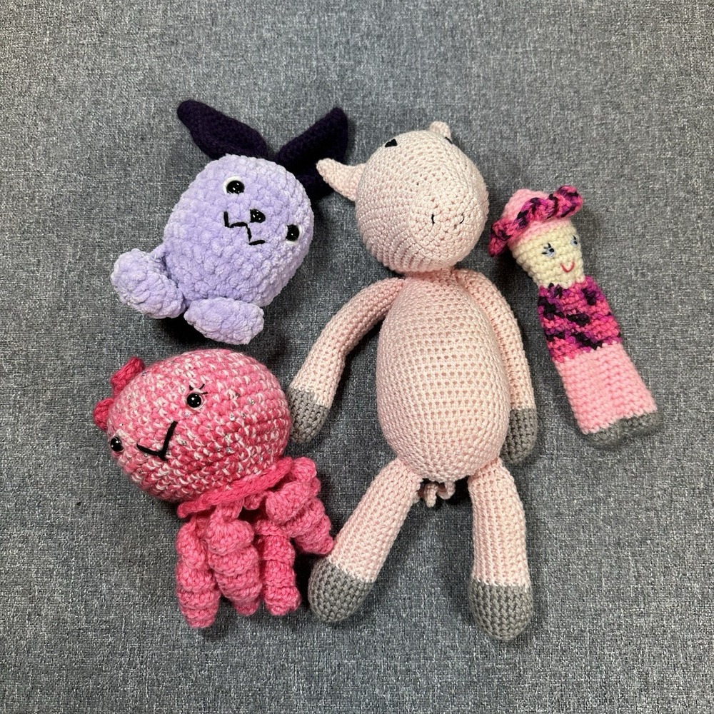 Lot Of Handmade Kind Baby Animal Ladybug Pig Octo Plush Doll Knit Toy HAND MADE